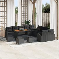 14-delars Trädgårdsofa Set med Kuddar Svart Poly Rattan Akacia vidaXL