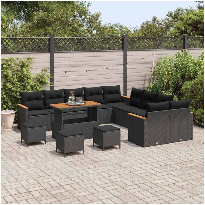 14-delars trädgårdsoff set med kuddar svart poly rattan akacia vidaXL Stor – bild 3