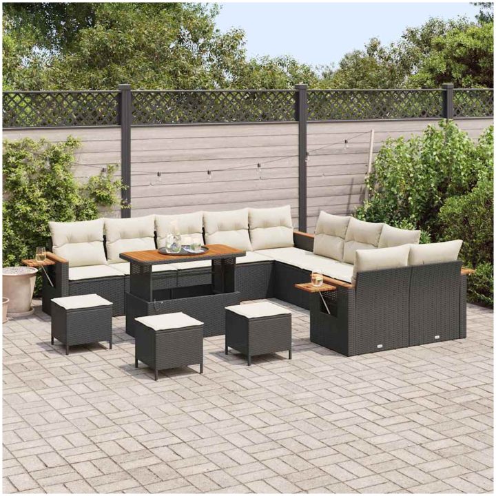 14-delars Trädgårdsoffasett med kuddar - Svart Poly Rattan Akacia vidaXL Medium – bild 3