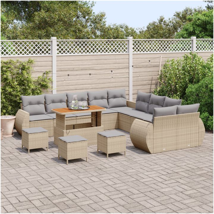 14-delars trädgårdsoffset med kuddar beige poly rattan akacia vidaXL Stor – bild 3