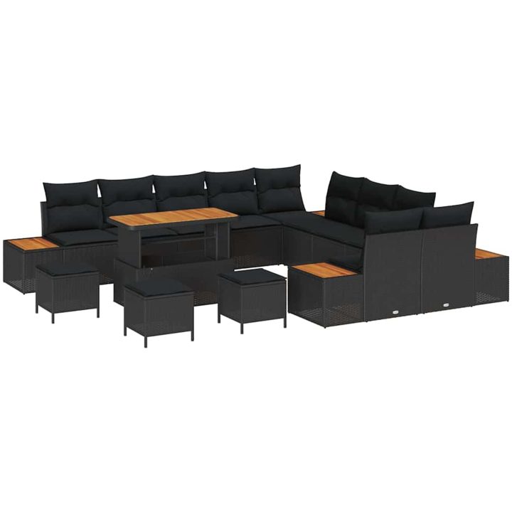 14 Delars Trädgårdsoffset med Kuddar Svart Poly Rattan Akacia vidaXL Stor – bild 2