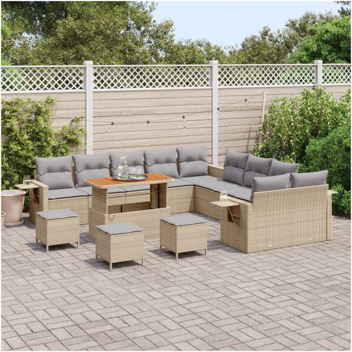 14-delars trädgårdssoffset med kuddar i beige poly-rattan och akacia. vidaXL Stor – bild 3