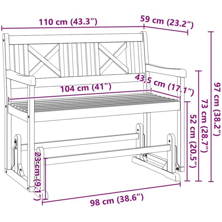 2-sits Trädgårds Gungbänk Massivt trä Akacia vidaXL 110 x 59 x 97 cm – bild 10