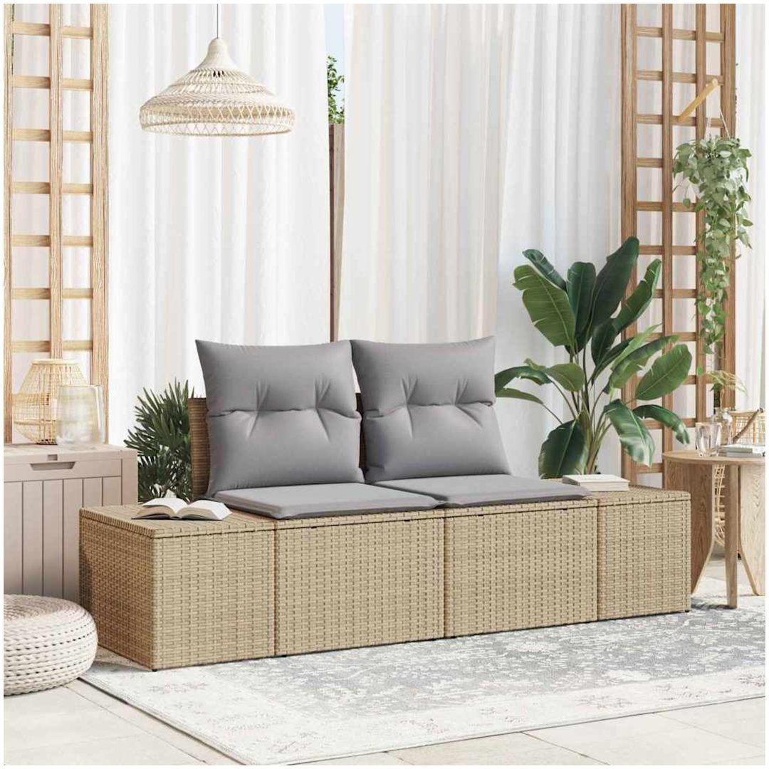 2-sits Trädgårdsoffa med Förvaring & Kuddar Beige Poly Rattan vidaXL 184 x 61 x 69 cm
