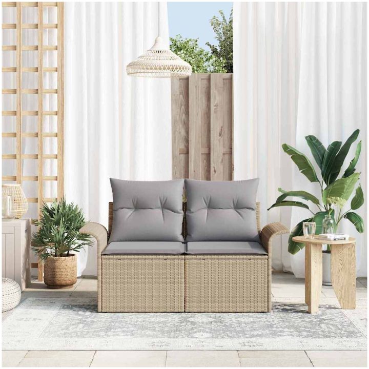 2-sits Trädgårdsoffa med Förvaring & Kuddar Beige Poly Rotting vidaXL 141 x 61,5 x 69 cm – bild 3