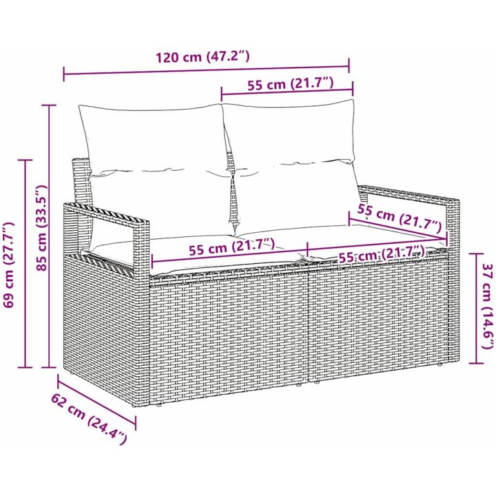 2-Sits Trädgårdsoffa med Kuddar Grå Poly Rattan vidaXL 120 x 62 x 69 cm – bild 8