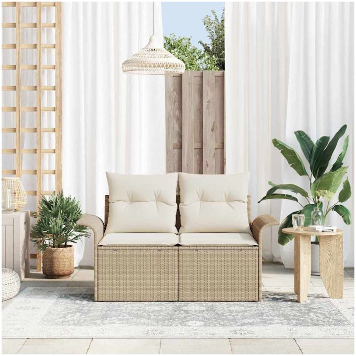 2-sits trädgårdssoffa med förvaring och kuddar Beige Poly Rottning vidaXL 141 x 61,5 x 69 cm – bild 3