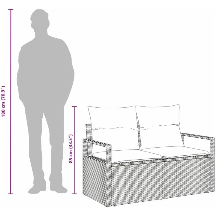 2-sits trädgårdssoffa med kuddar beige polyrotting vidaXL 120 x 62 x 69 cm – bild 8