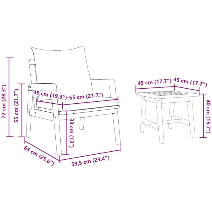 3-delad Bistro-set med kuddar i massivt akaciaträ vidaXL Bord, 45x45x40 cm – bild 10