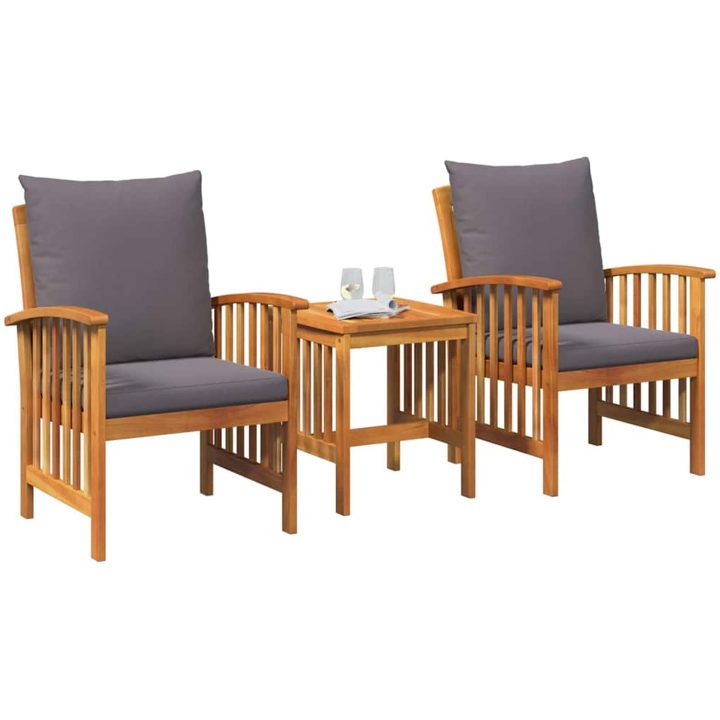 3-delad trädgårdslounge-set med kuddar av solid akacia vidaXL 45 x 45 x 50 cm, 67 x 59 x 83 cm – bild 3