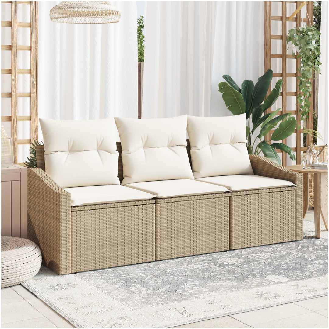 3-delad trädgårdsmatgrupp med kuddar i beige polyrotting vidaXL 178 x 62 x 85 cm