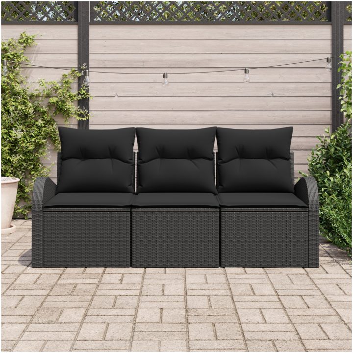 3-delad trädgårdsoff-set med kuddar svart polyrotting vidaXL 179 x 62 x 85 cm – bild 3