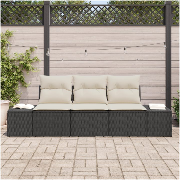 3-delad trädgårdsoffa med kuddar i svart poly-rattan vidaXL 239 x 62 x 85 cm – bild 3