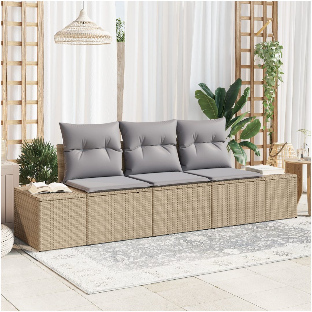 3-delad Trädgårdsoffagrupp med Kuddar Beige Poly Rattan vidaXL 239 x 62 x 85 cm