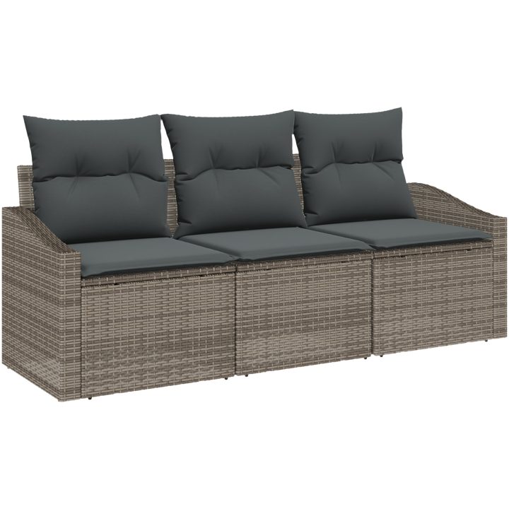 3-delad trädgårdsoffagrupp med kuddar Grå Poly Rattan vidaXL 178 x 62 x 85 cm – bild 2