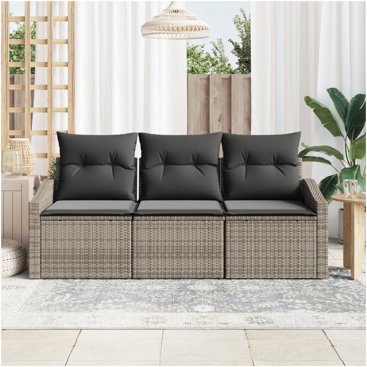 3-delad trädgårdsoffagrupp med kuddar Grå Poly Rattan vidaXL 178 x 62 x 85 cm – bild 3
