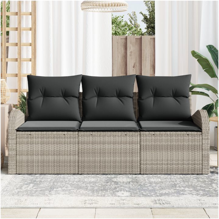 3-delad trädgårdsoffagrupp med kuddar ljusgrå poly rattan vidaXL 179 x 62 x 85 cm – bild 3