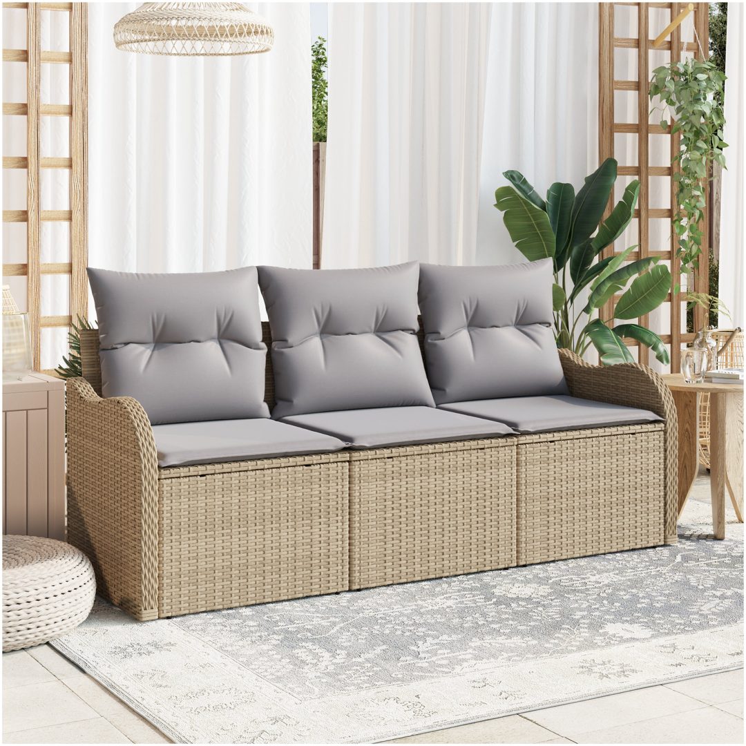 3-delad Trädgårdsoffaset med kuddar Beige Poly Rattan vidaXL 176 x 62 x 85 cm