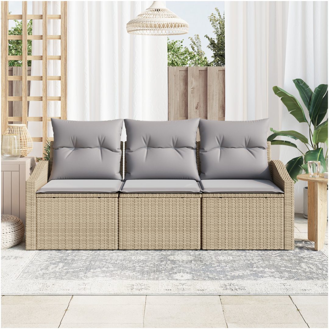 3-delad trädgårdsoffaset med kuddar beige polyrotting vidaXL 178 x 62 x 85 cm – bild 3