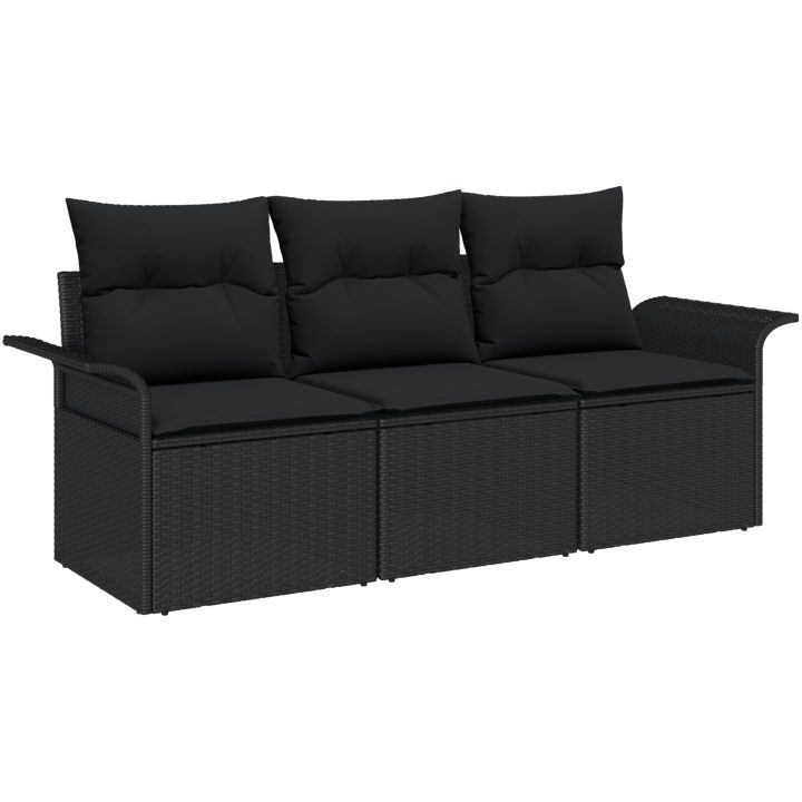 3-delad trädgårdsoffasett med kuddar svart poly rattan vidaXL Stor – bild 2