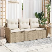3-delad trädgårdsoffset med kuddar Beige Poly Rattan vidaXL