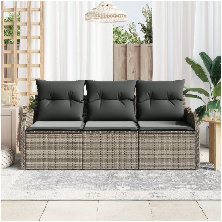 3-delad Trädgårdsoffset med Kuddar Grå Poly Rattan vidaXL 3 - Sits – bild 3