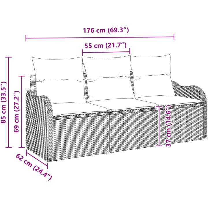 3-delad Trädgårdsoffset med Kuddar Grå Poly Rattan vidaXL 3 - Sits – bild 10