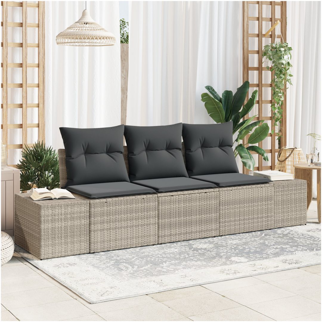 3-delad Trädgårdsoffset med Kuddar Ljusgrå Poly-rotting vidaXL 239 x 62 x 85 cm
