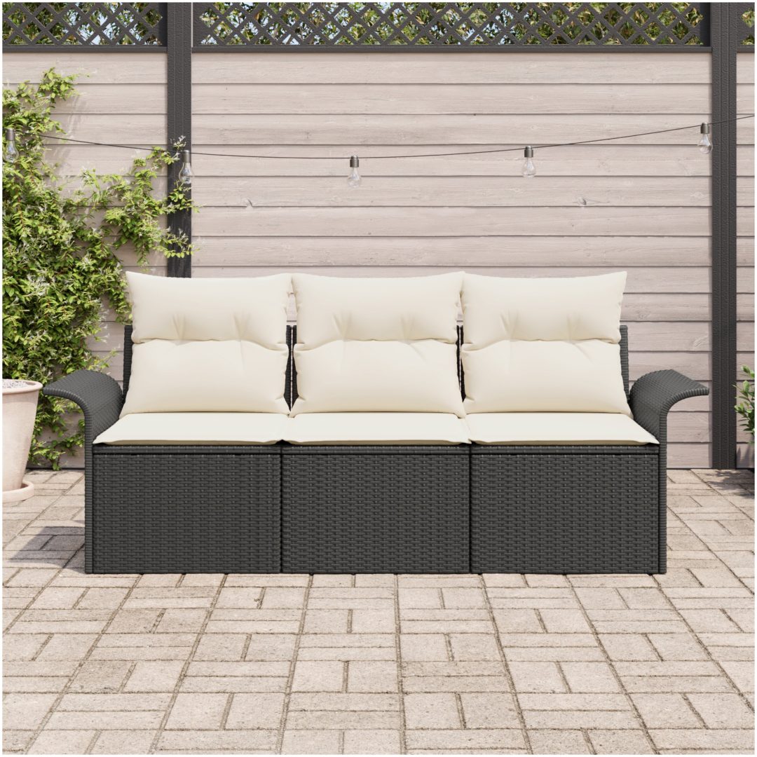 3-delad trädgårdsoffuppsättning med kuddar - Svart polyrotting. vidaXL 196 x 62 x 85cm – bild 3