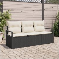 3-delad trädgårdsssofa-set med kuddar svart poly rattan vidaXL