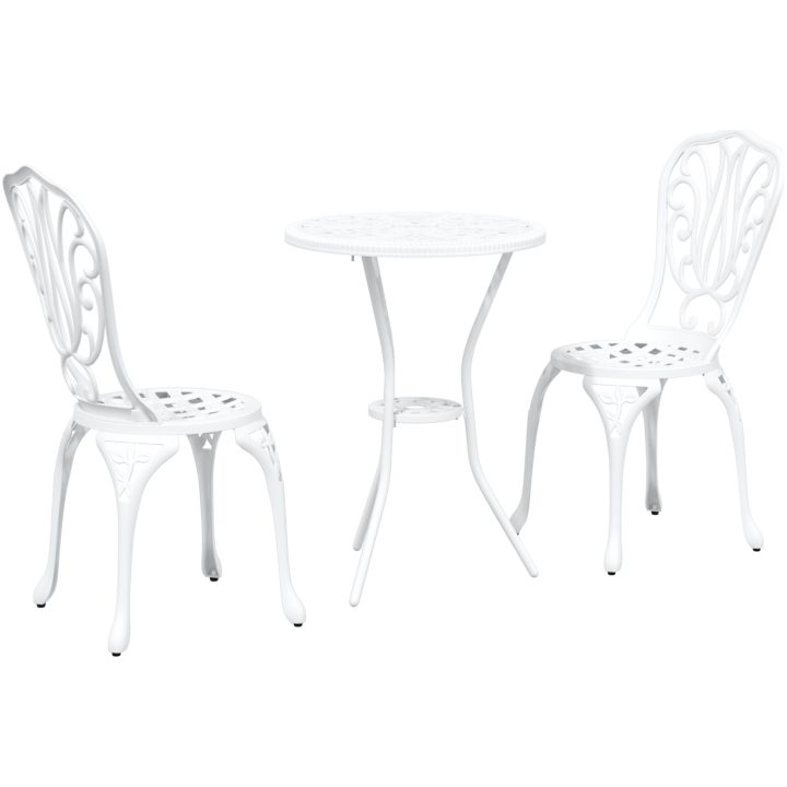 3-delars Trädgårds Bistro Set Vit Gjuten Aluminium vidaXL 53 x 53 x 70.5 cm, 44 x 41 x 87 cm – bild 2