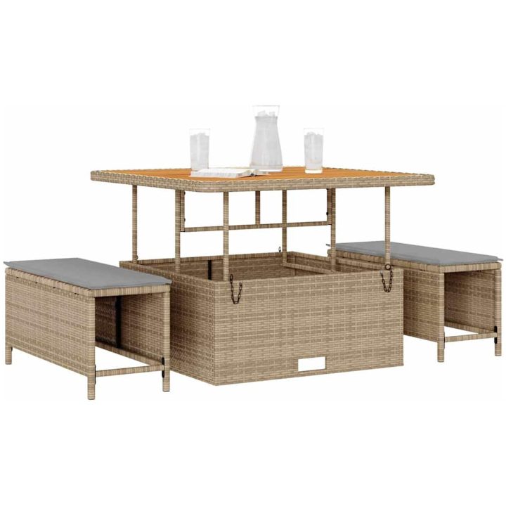 3 Delars Trädgårds Matbord Set med Kuddar Beige Poly Rattan Akacia vidaXL 100 cm – bild 3
