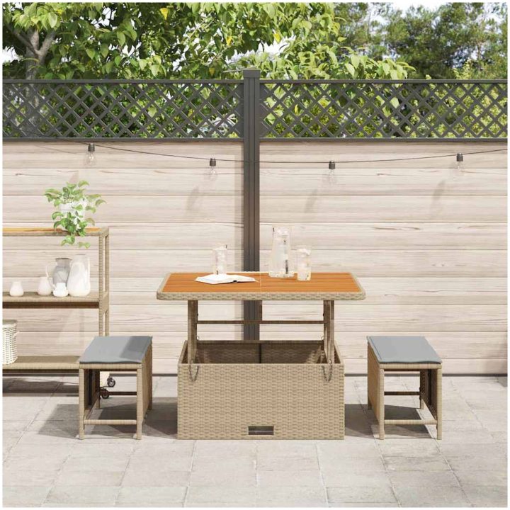 3 Delars Trädgårds Matbord Set med Kuddar Beige Poly Rattan Akacia vidaXL 100 cm – bild 4