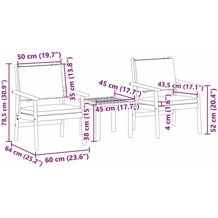 3-delars trädgårdsbistrå sett med kuddar i massivt akaciaträ vidaXL 60 x 65.5 x 79 cm – bild 10