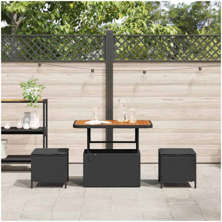 3-delars trädgårdsdining set med kuddar svart polyrotting akacia vidaXL 90 cm – bild 4