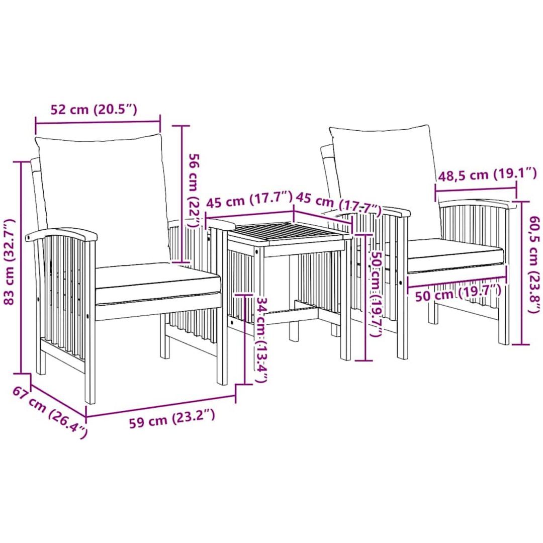 3 Delars Trädgårdslounge Set med Kuddar i Solid Akaciaträ vidaXL 45 x 45 x 50 cm, 67 x 59 x 83 cm – bild 10