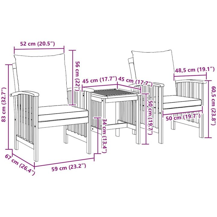 3 Delars Trädgårdslounge Set med Kuddar i Solid Akaciaträ vidaXL 45 x 45 x 50 cm, 67 x 59 x 83 cm – bild 10