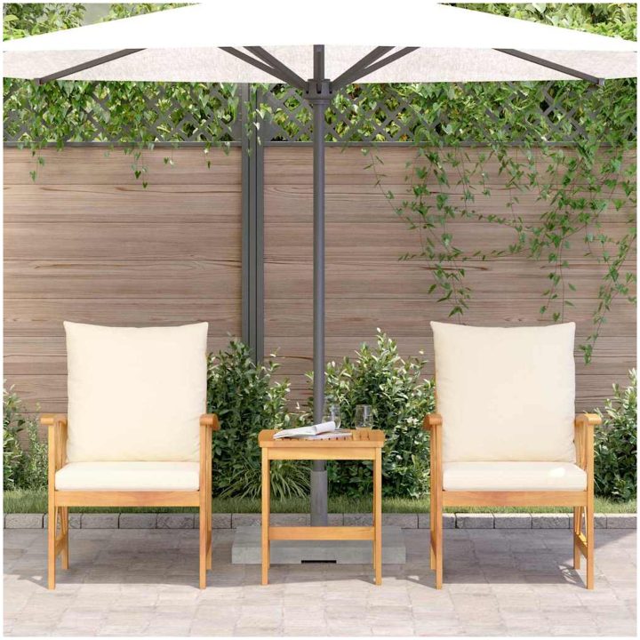 3-delars trädgårdsloungeset med kuddar i solid akaciaträ vidaXL Bord, 45 x 45 x 50 cm, stol, 59 x 67 x 83 cm – bild 4