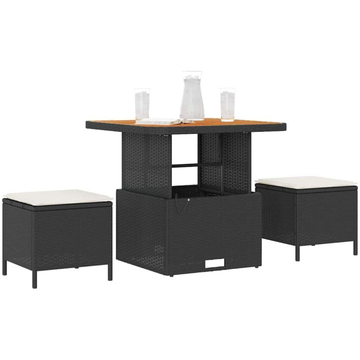 3-delars Trädgårdsmatbordset med Kuddar Svart Poly Rattan Akacia vidaXL Compact – bild 3