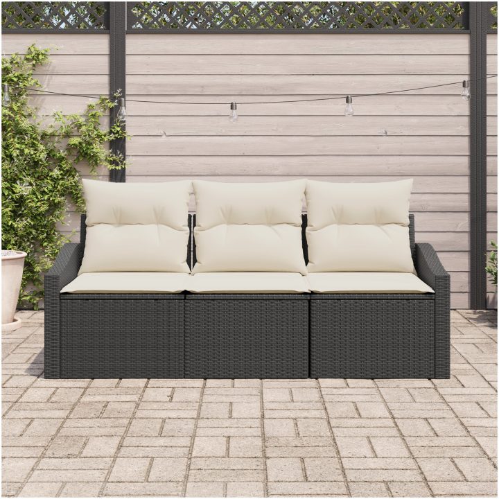 3-delars trädgårdsmatset med kuddar, svart poly rattan. vidaXL 178 x 62 x 85 cm – bild 3