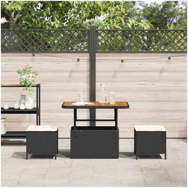 3 Delars Trädgårdsmatsets med Kuddar Svart Poly Rattan Akacia vidaXL 90 cm – bild 4