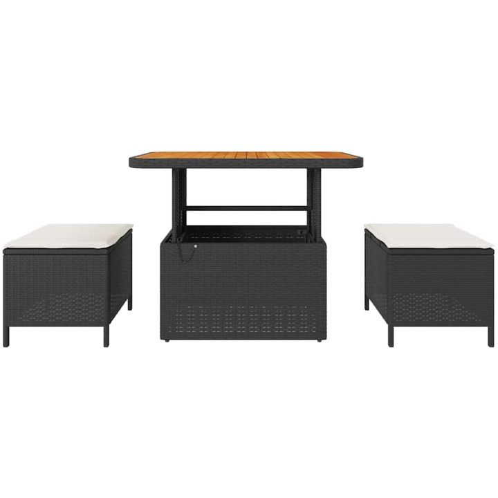 3 Delars Trädgårdsmatsets med Kuddar Svart Poly Rattan Akacia vidaXL 90 cm – bild 7