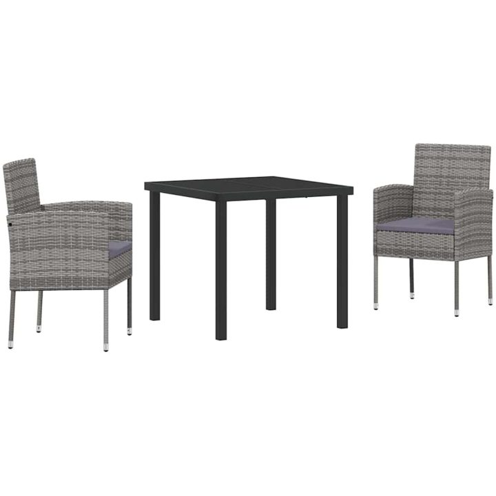 3-delars trädgårdsmiddagsset med kuddar, grå poly-rattan vidaXL 80 x 80 x 73 cm – bild 2