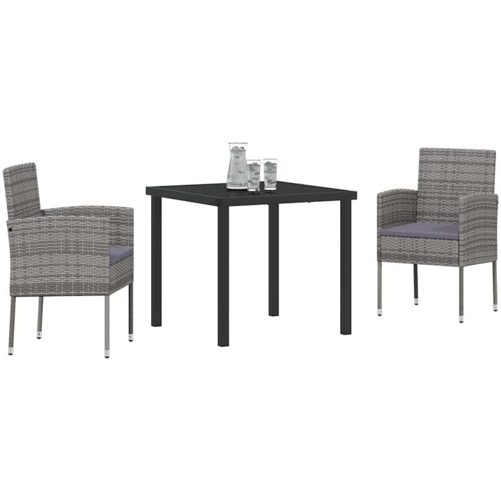 3-delars trädgårdsmiddagsset med kuddar, grå poly-rattan vidaXL 80 x 80 x 73 cm – bild 3