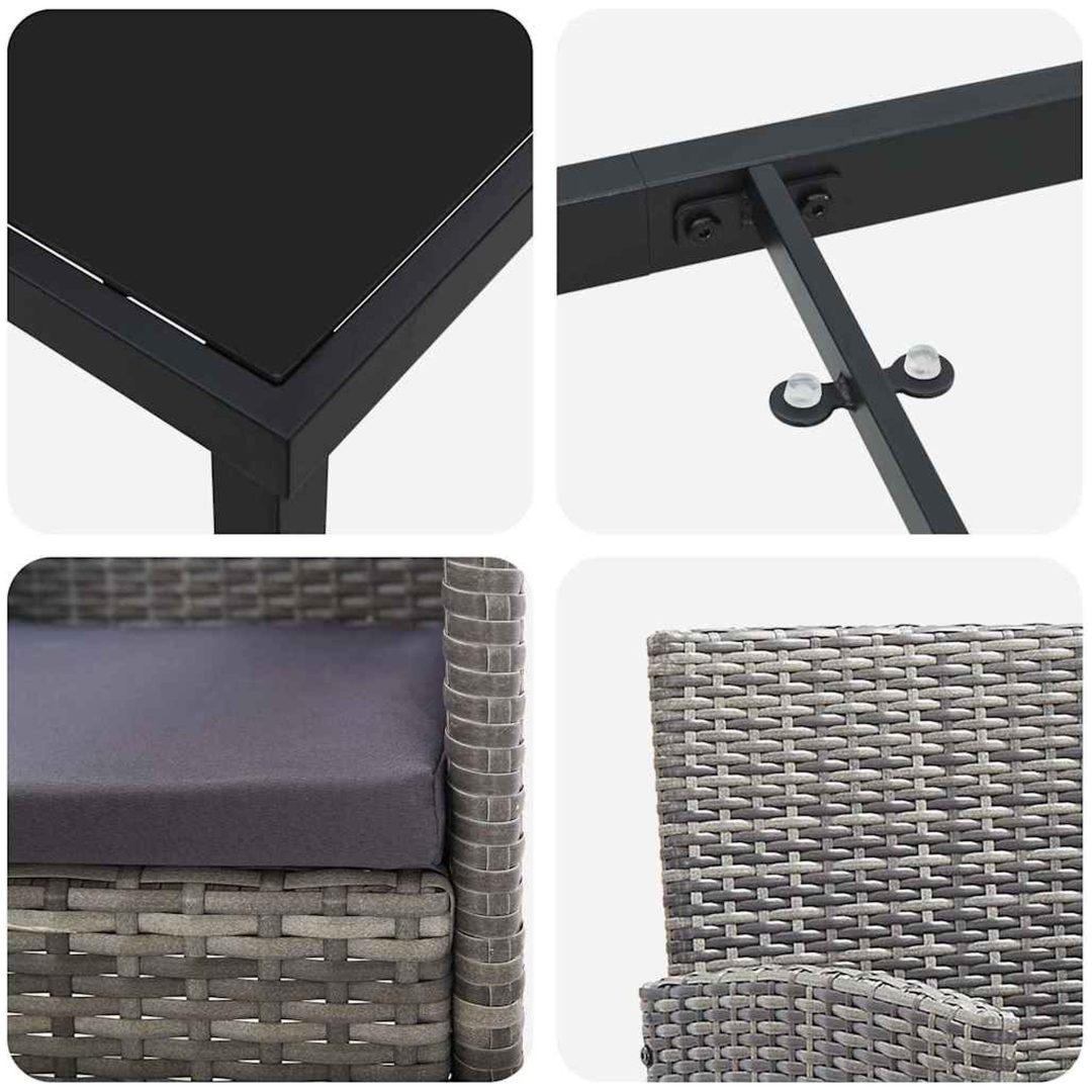 3-delars trädgårdsmiddagsset med kuddar, grå poly-rattan vidaXL 80 x 80 x 73 cm – bild 9