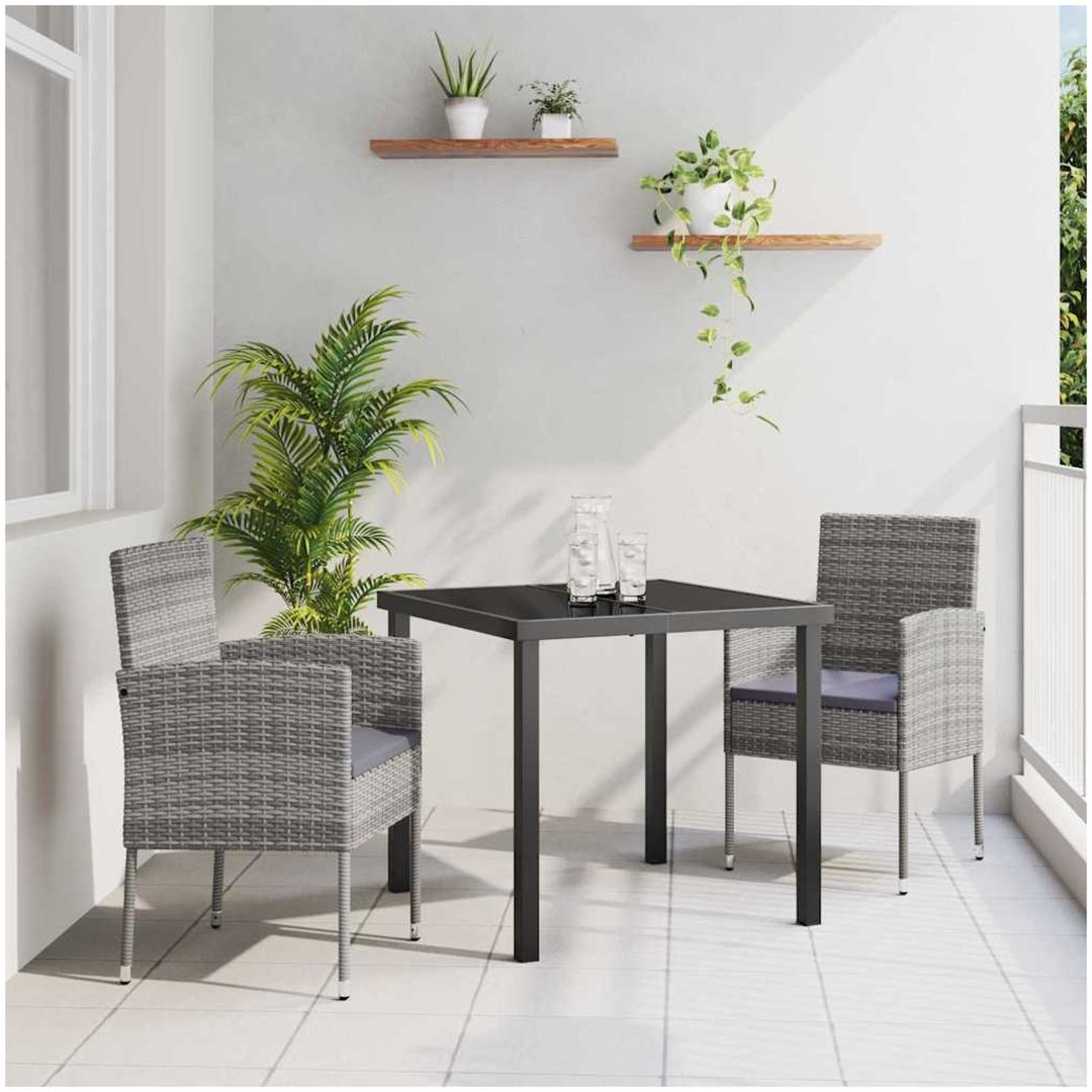 3-delars trädgårdsmiddagsset med kuddar, grå poly-rattan vidaXL 80 x 80 x 73 cm