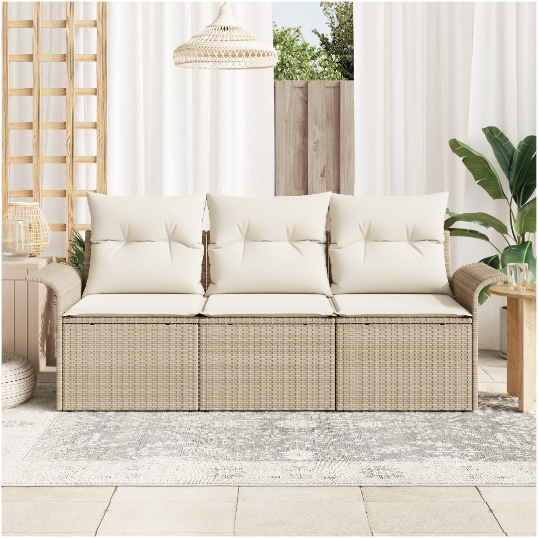 3-delars trädgårdsoff-set med kuddar beige poly rattan vidaXL Stor – bild 3