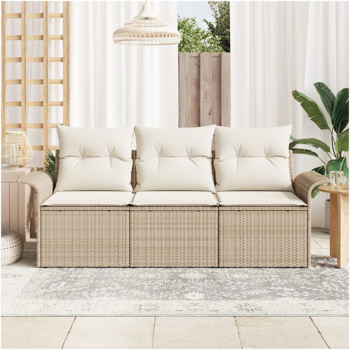 3-delars trädgårdsoff-set med kuddar beige poly rattan vidaXL Stor – bild 3