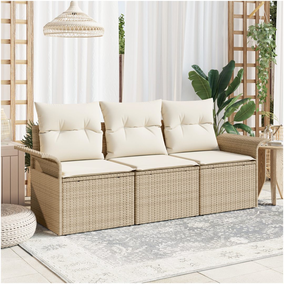 3-delars trädgårdsoff-set med kuddar beige poly rattan vidaXL Stor