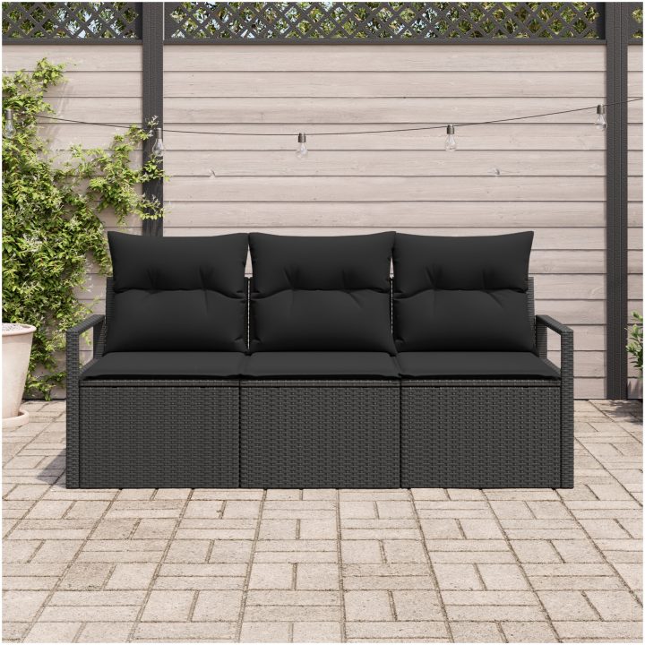 3-delars Trädgårdsoff set med kuddar Svart Poly Rattan vidaXL Medium – bild 3